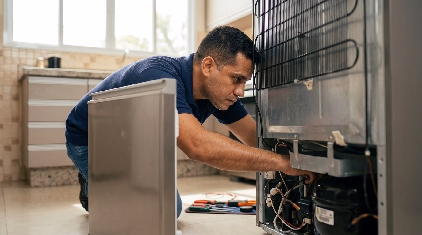 Técnico trabalhando na parte traseira de um refrigerador